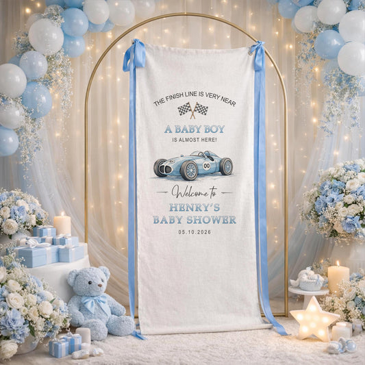 Car Baby Shower Banner, A Baby Boy Is Almost Here Finish Line Theme Sign, Personalized Baby Shower Welcome Banner, Racing Baby Decor