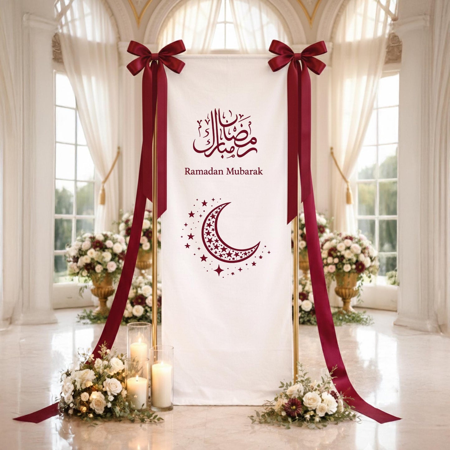 Ramadan Mubarak Banner, Islamic Ramadan Decoration with Crescent Moon, Eid Mubarak Party Backdrop, Muslim Ramadan Welcome Sign Decor