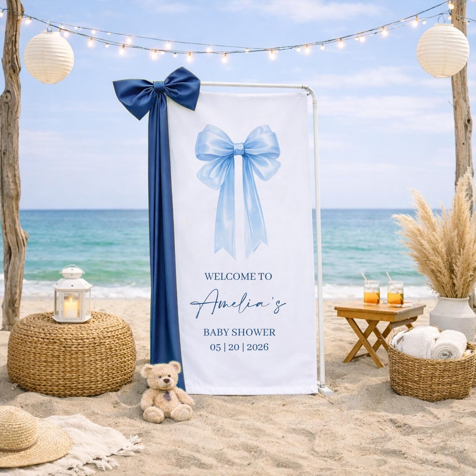 Blue Bow Baby Shower Banner, Personalized Baby Girl Shower Welcome Sign, Elegant Bow Theme Baby Shower Backdrop, Custom Baby Shower Decor