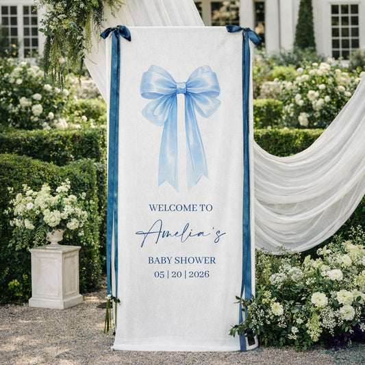 Blue Bow Baby Shower Banner, Personalized Baby Girl Shower Welcome Sign, Elegant Bow Theme Baby Shower Backdrop, Custom Baby Shower Decor