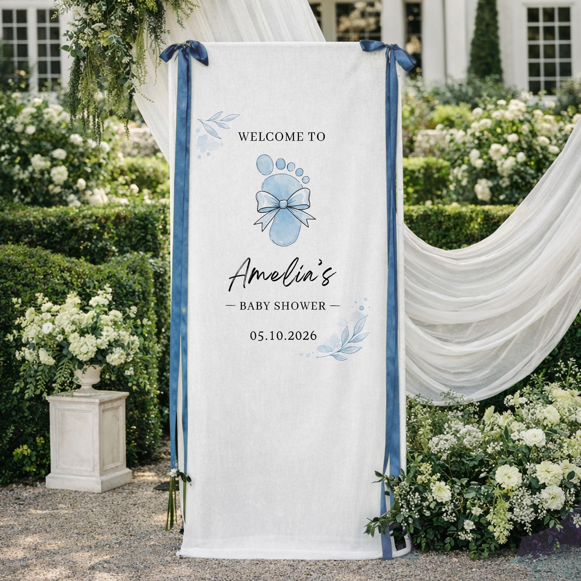Baby Footprint Baby Shower Banner, Personalized Baby Girl Shower Welcome Sign, Elegant Baby Shower Backdrop, Custom Baby Shower Decor