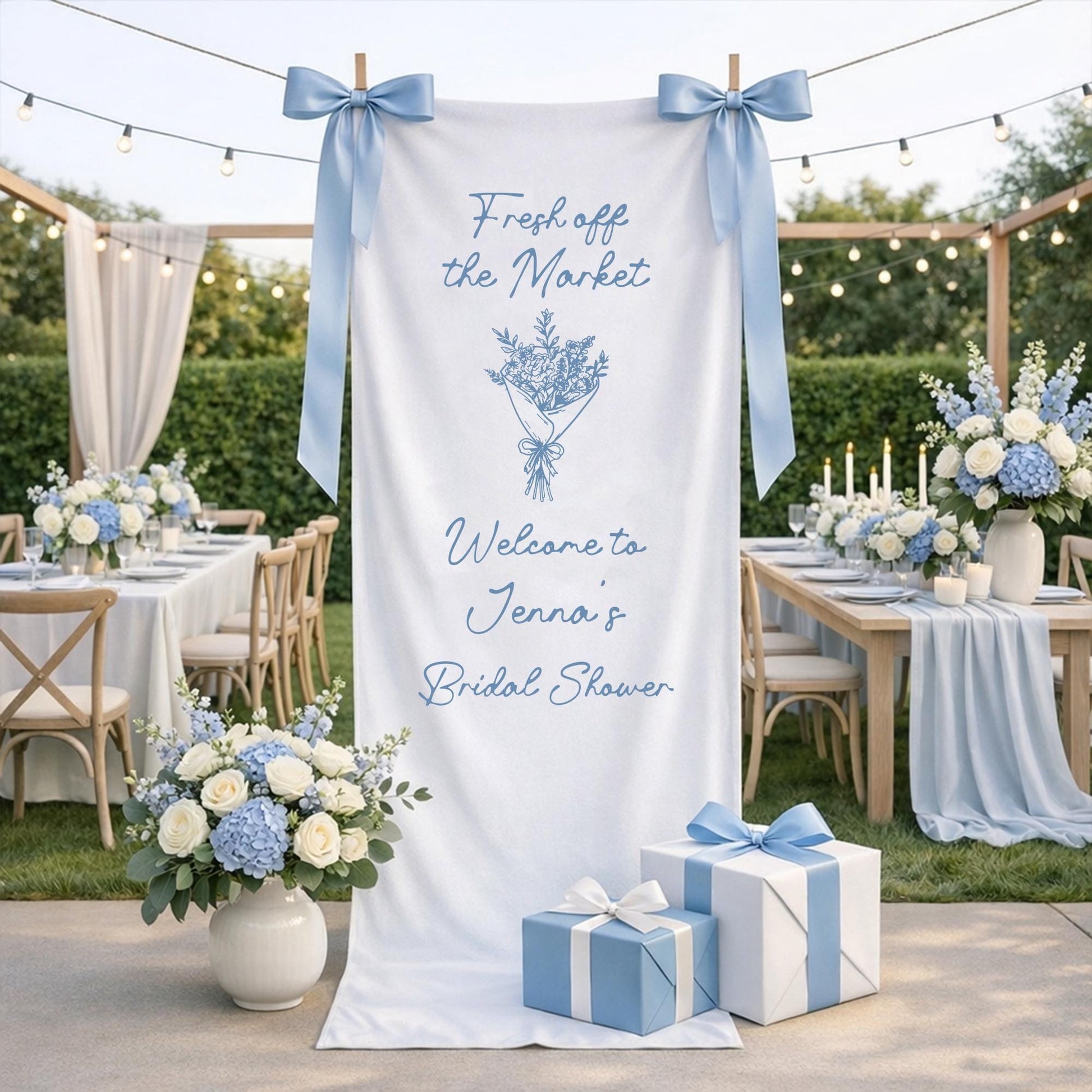 Fresh Off The Market Bridal Shower Banner, Personalized Bridal Shower Welcome Sign, Rustic Garden Bridal Shower Backdrop, Bride Party Decor
