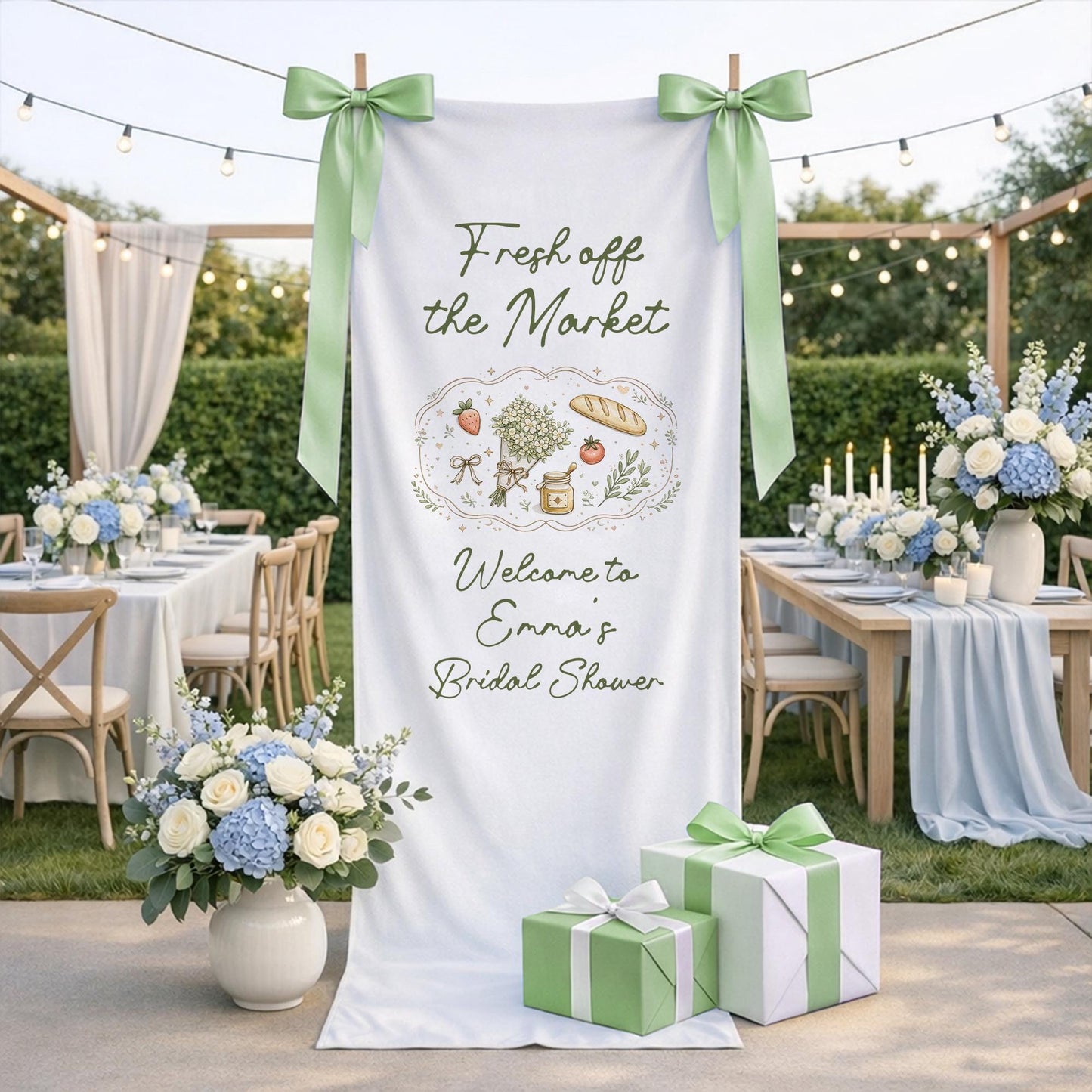 Fresh Off The Market Bridal Shower Banner, Farmers Market Bridal Shower Welcome Sign, Rustic Garden Bride To Be Party Backdrop Decor