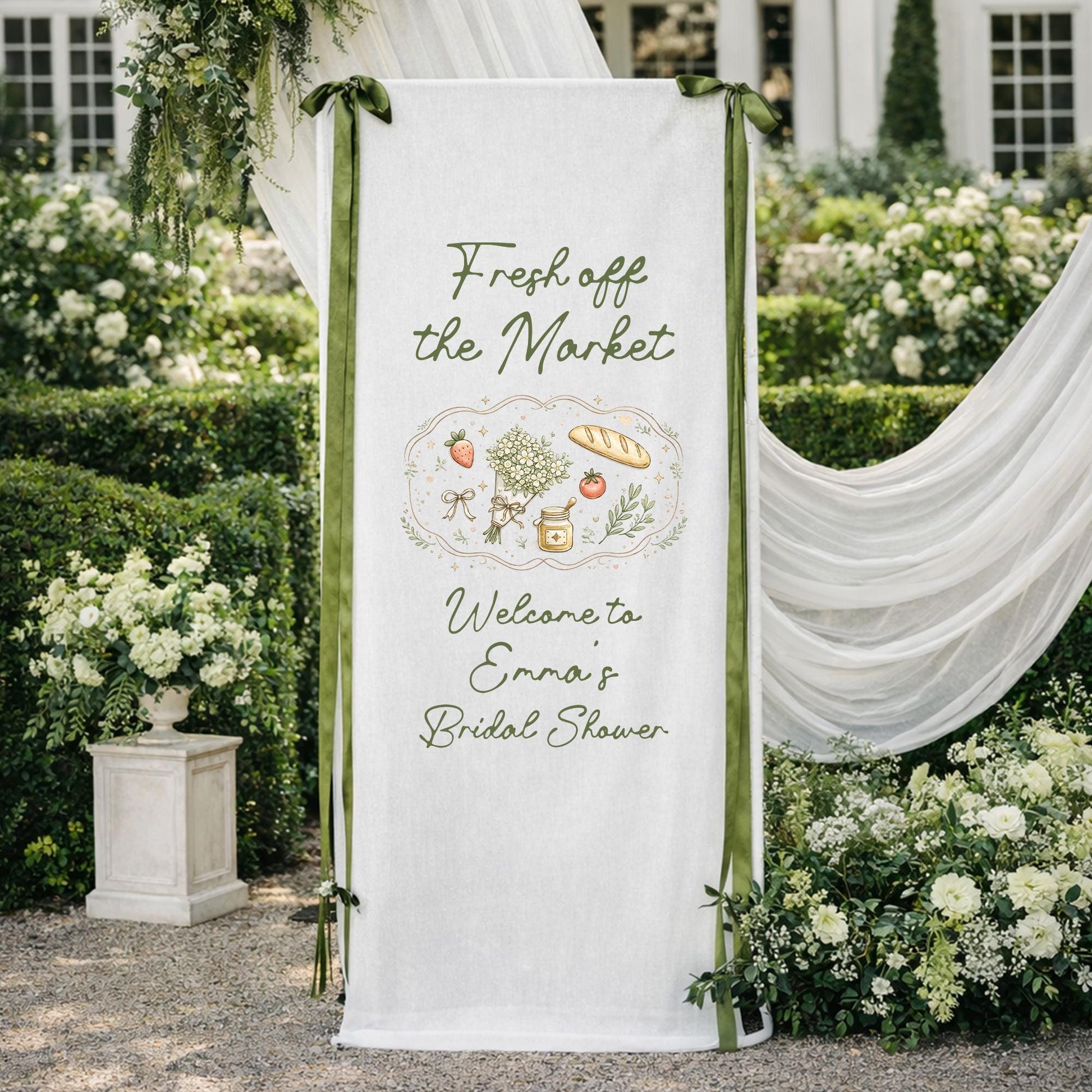 Fresh Off The Market Bridal Shower Banner, Farmers Market Bridal Shower Welcome Sign, Rustic Garden Bride To Be Party Backdrop Decor