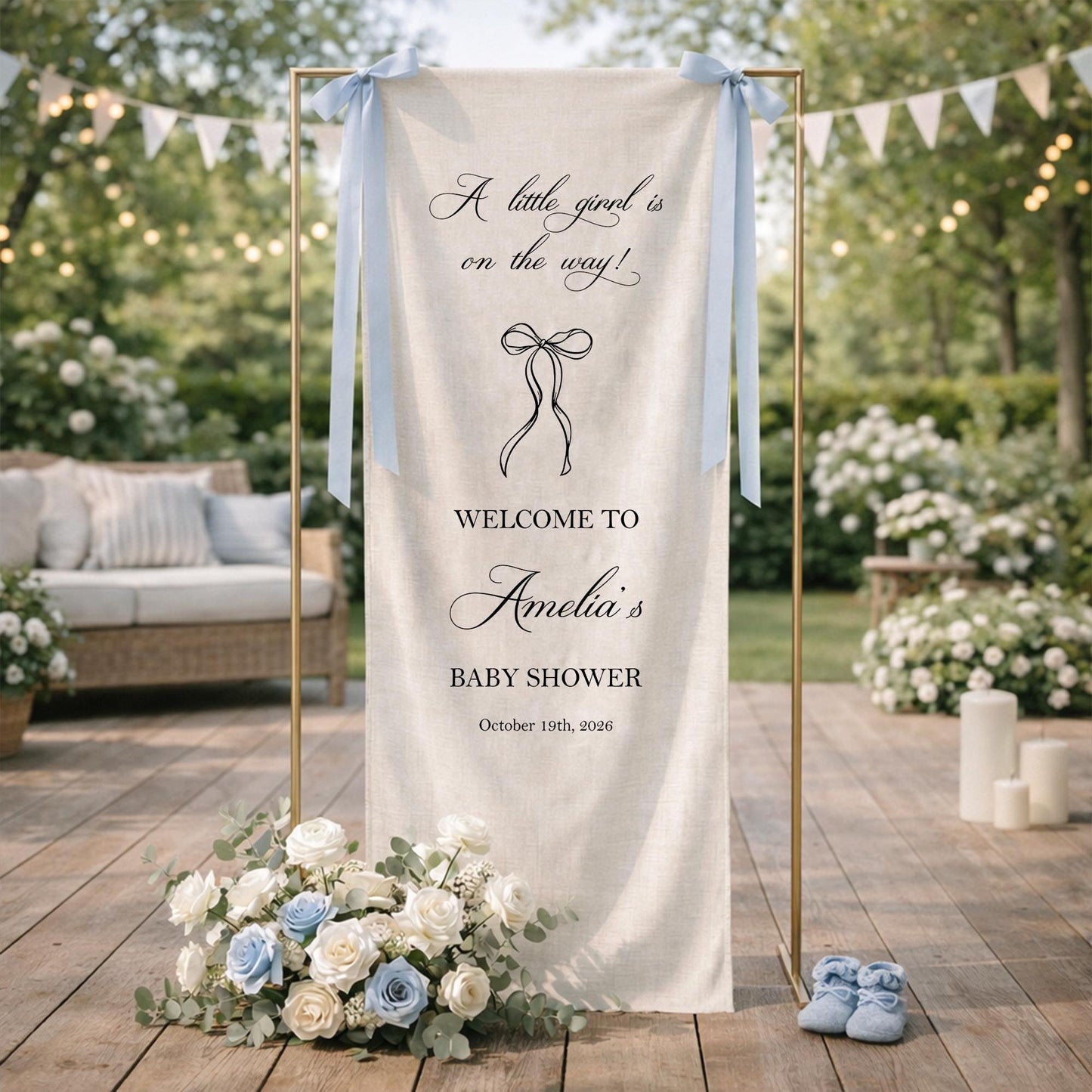 A Little Girl Is On The Way Baby Shower Banner, Baby Girl Shower Welcome Sign, Personalized Baby Shower Backdrop, Bow Baby Shower Decor