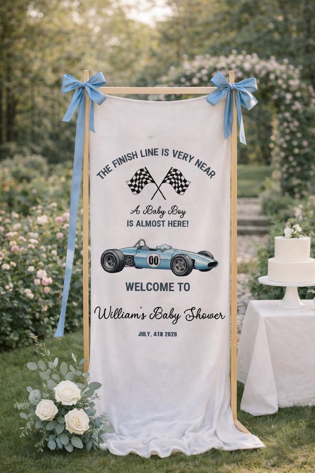 Race Car Baby Shower Banner, The Finish Line Is Very Near Baby Shower Sign, Baby Boy Racing Theme Welcome Banner, Two Fast Baby Shower Decor