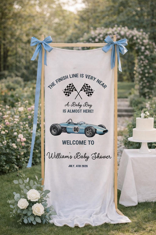 Race Car Baby Shower Banner, The Finish Line Is Very Near Baby Shower Sign, Baby Boy Racing Theme Welcome Banner, Two Fast Baby Shower Decor