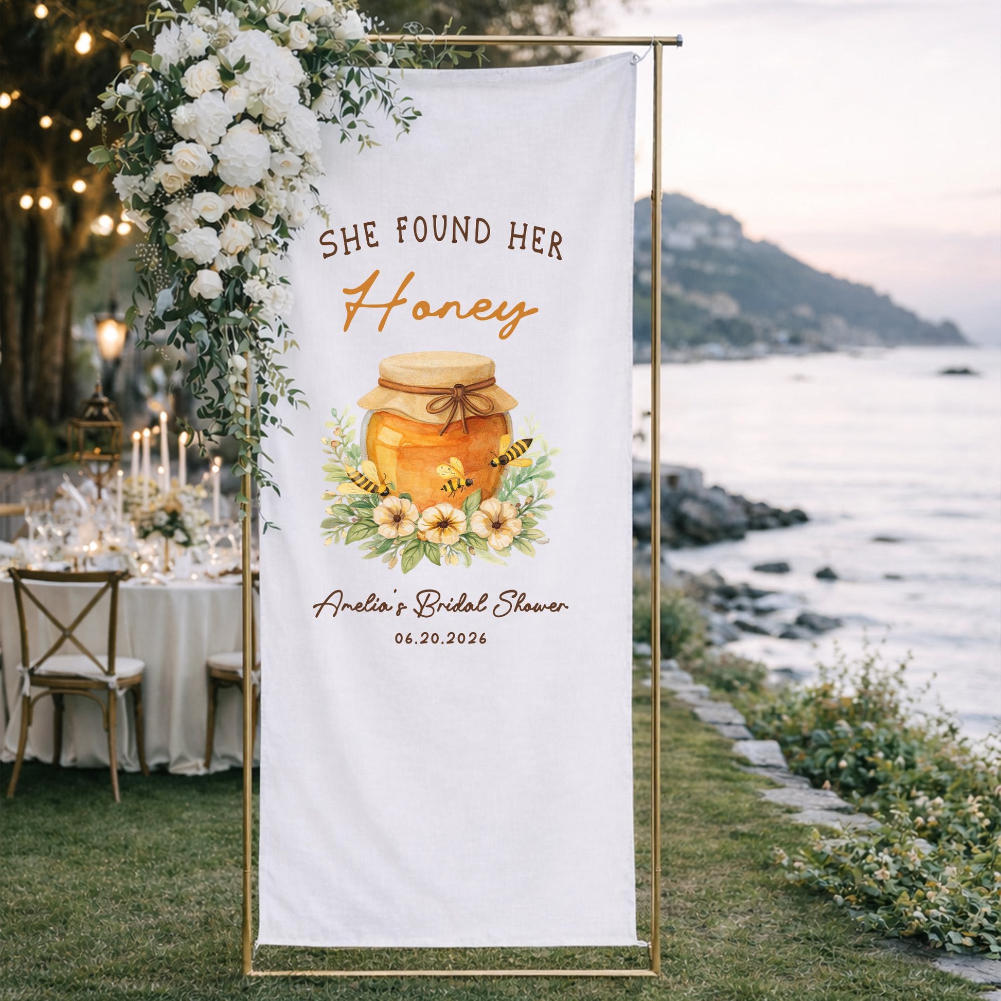 Bridal Shower Welcome Sign She Found Her Honey Banner, Custom Name Date Fabric Backdrop, Boho Bridal Shower Decor, Wedding Party Sign