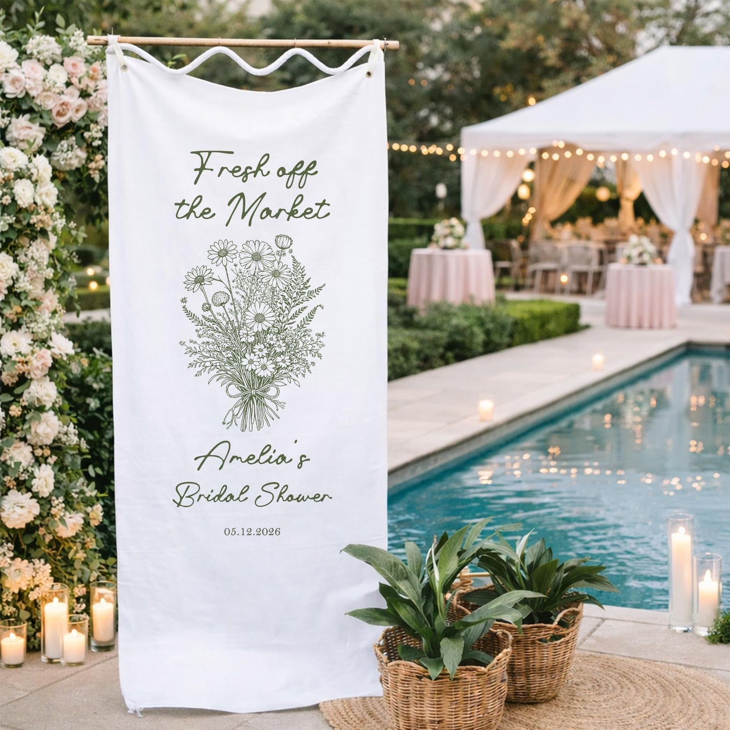 Fresh Off The Market Bridal Shower Banner, Bridal Shower Welcome Sign, Wildflower Bridal Shower Decor, Rustic Bridal Shower Backdrop