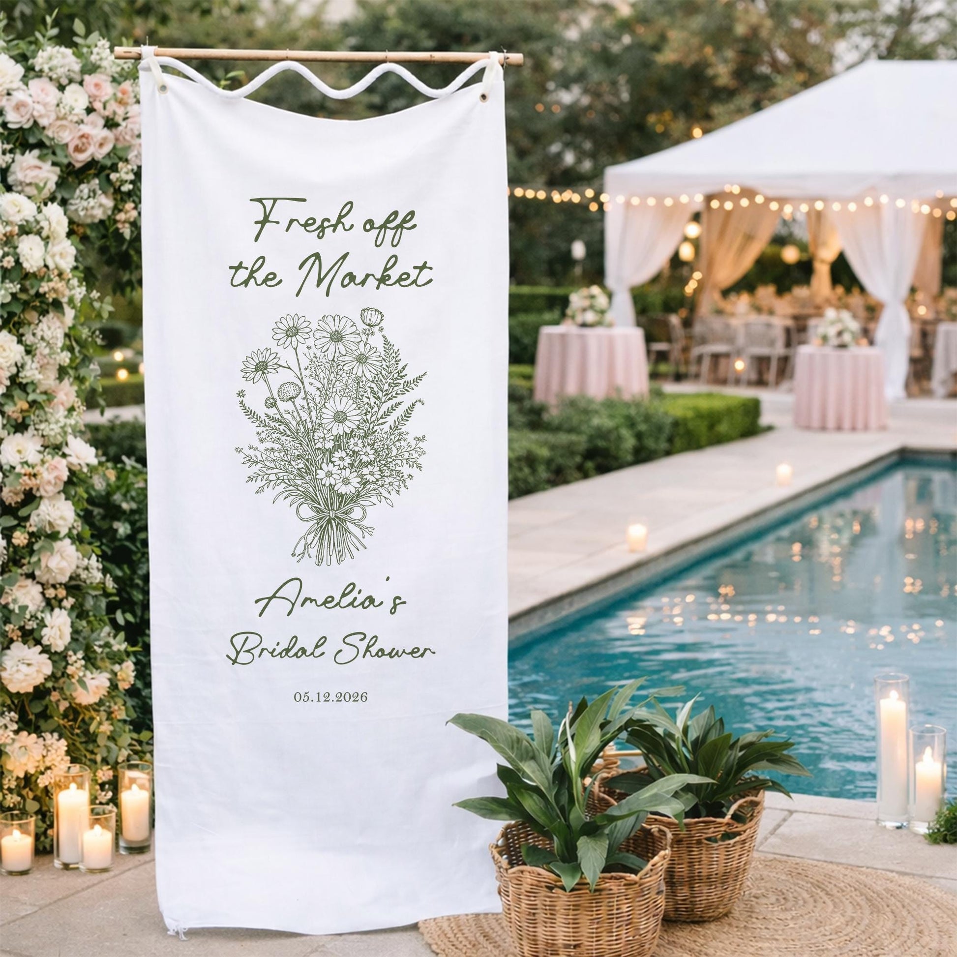 Fresh Off The Market Bridal Shower Banner, Bridal Shower Welcome Sign, Wildflower Bridal Shower Decor, Rustic Bridal Shower Backdrop