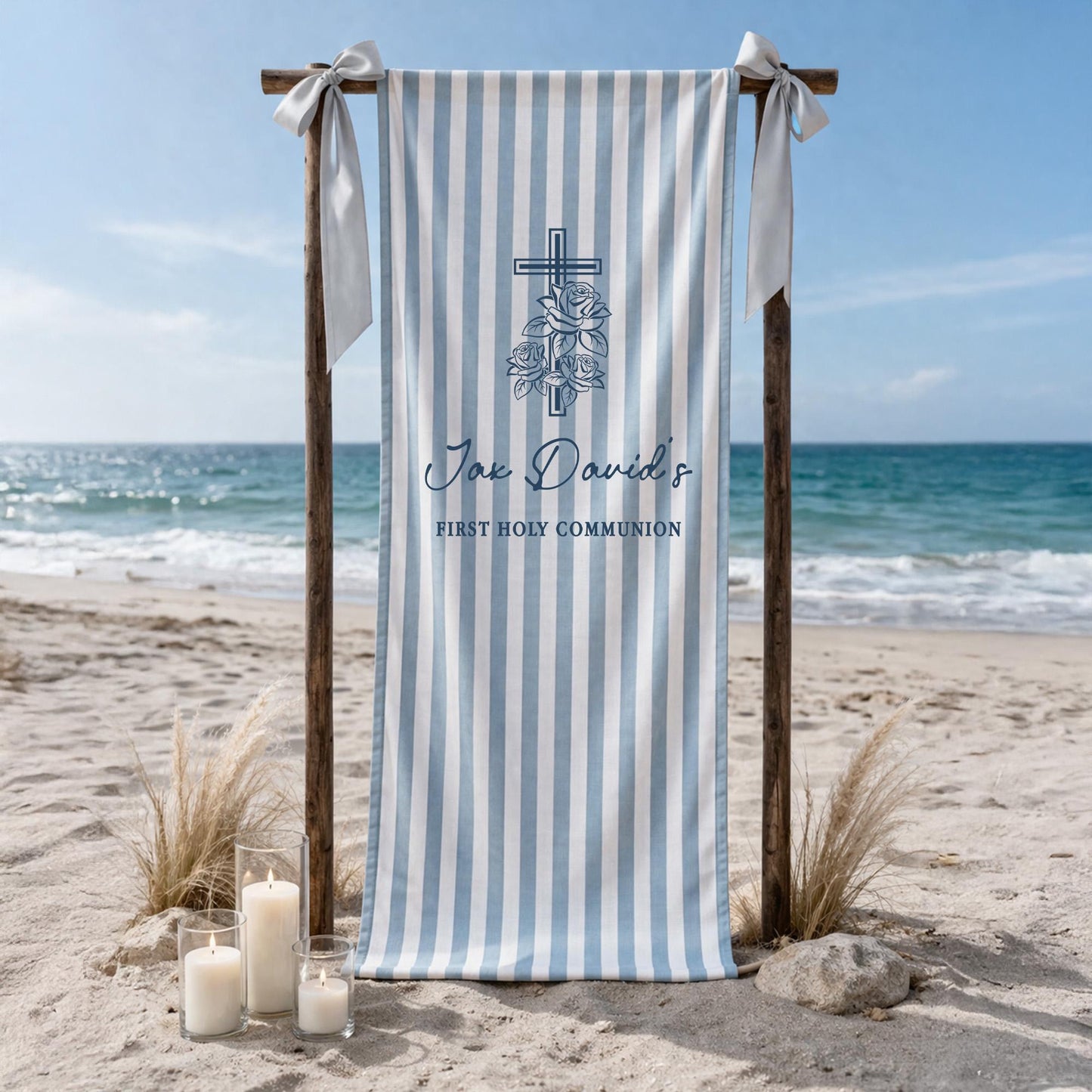 Personalized First Holy Communion Banner, Linen Fabric Sign, Custom Name Christening Baptism Decor, Blue Striped Church Welcome Sign