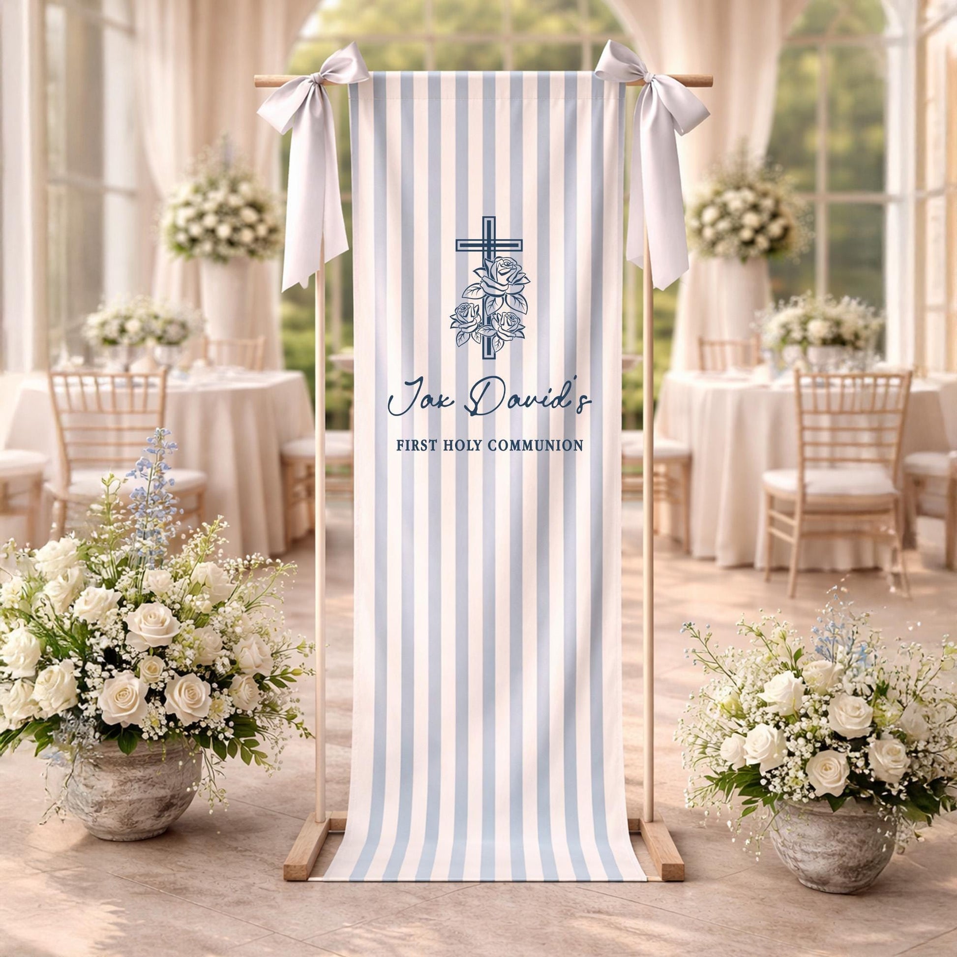 Personalized First Holy Communion Banner, Linen Fabric Sign, Custom Name Christening Baptism Decor, Blue Striped Church Welcome Sign