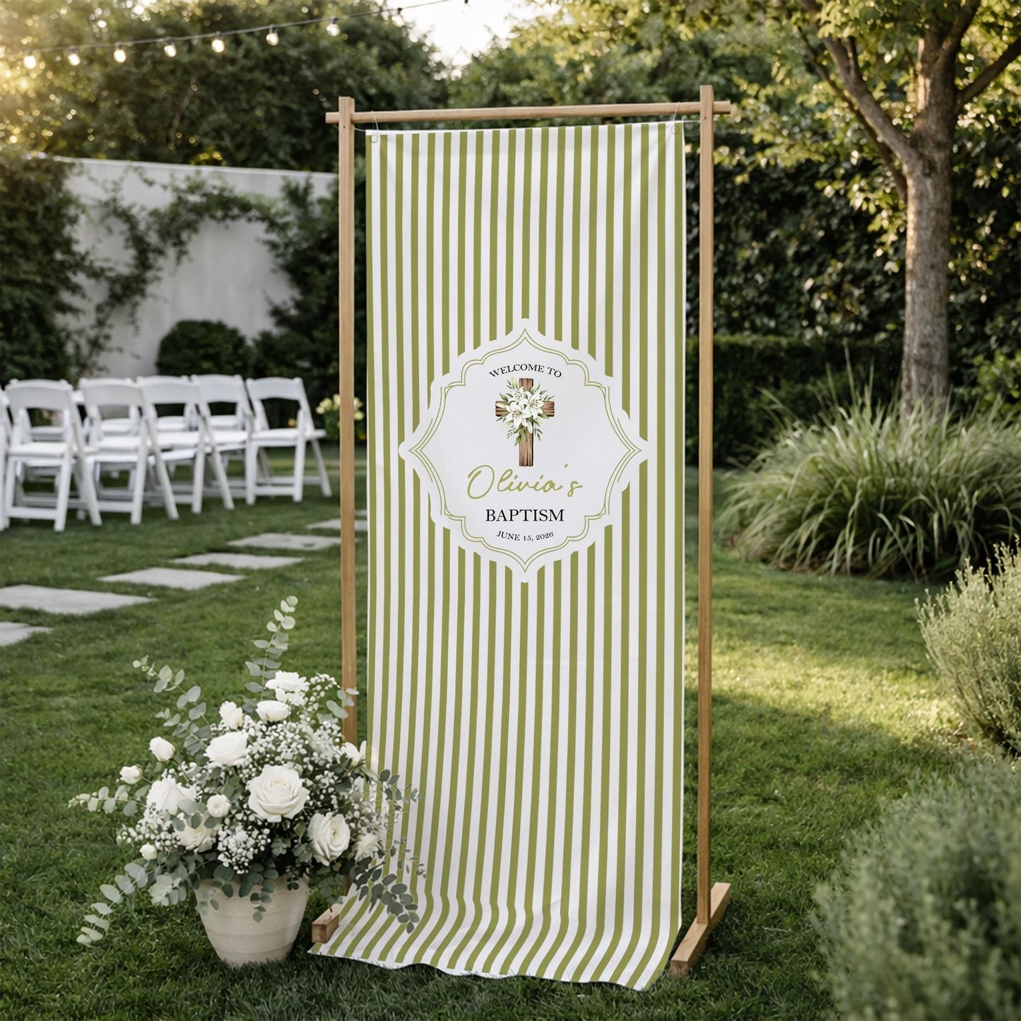 Personalized Baptism Banner, Linen Fabric Welcome Sign, Custom Name Christening Decor, Girl Baptism Sign, Green Striped Church Welcome Sign