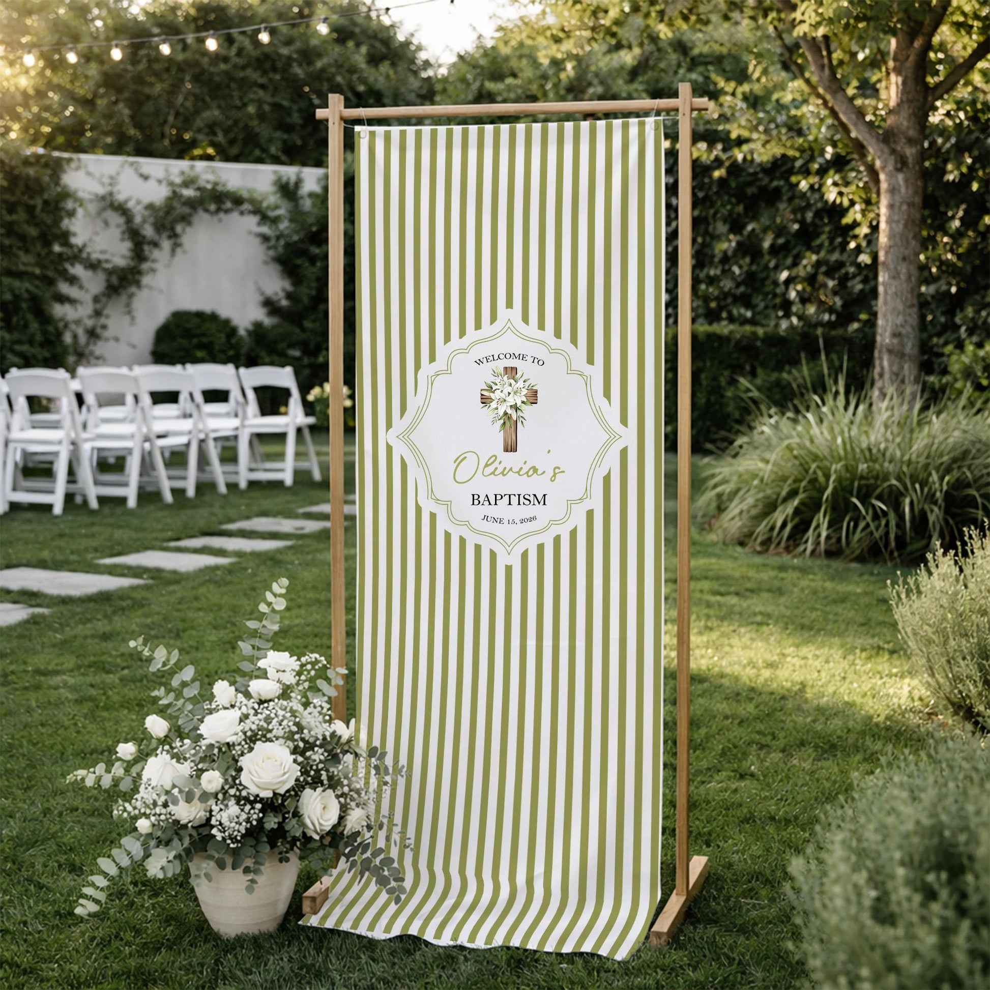 Personalized Baptism Banner, Linen Fabric Welcome Sign, Custom Name Christening Decor, Girl Baptism Sign, Green Striped Church Welcome Sign
