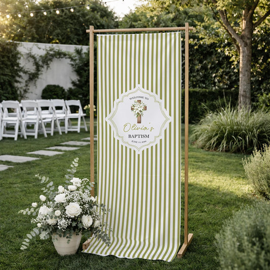 Personalized Baptism Banner, Linen Fabric Welcome Sign, Custom Name Christening Decor, Girl Baptism Sign, Green Striped Church Welcome Sign