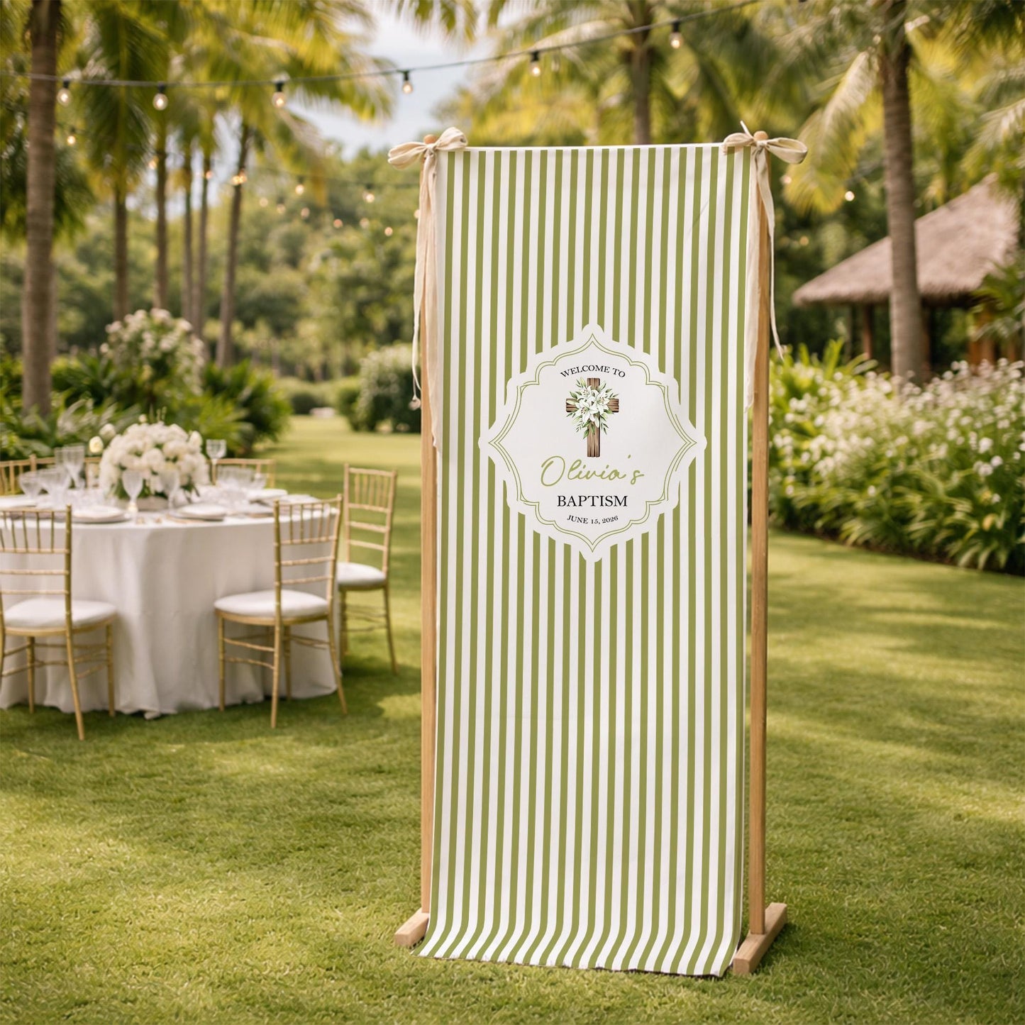 Personalized Baptism Banner, Linen Fabric Welcome Sign, Custom Name Christening Decor, Girl Baptism Sign, Green Striped Church Welcome Sign