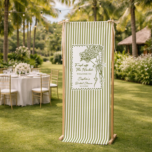 Bridal Shower Welcome Sign Template, Green Stripe Floral Bridal Shower Sign, Fresh Off The Market Theme, Editable Wedding Shower Decor