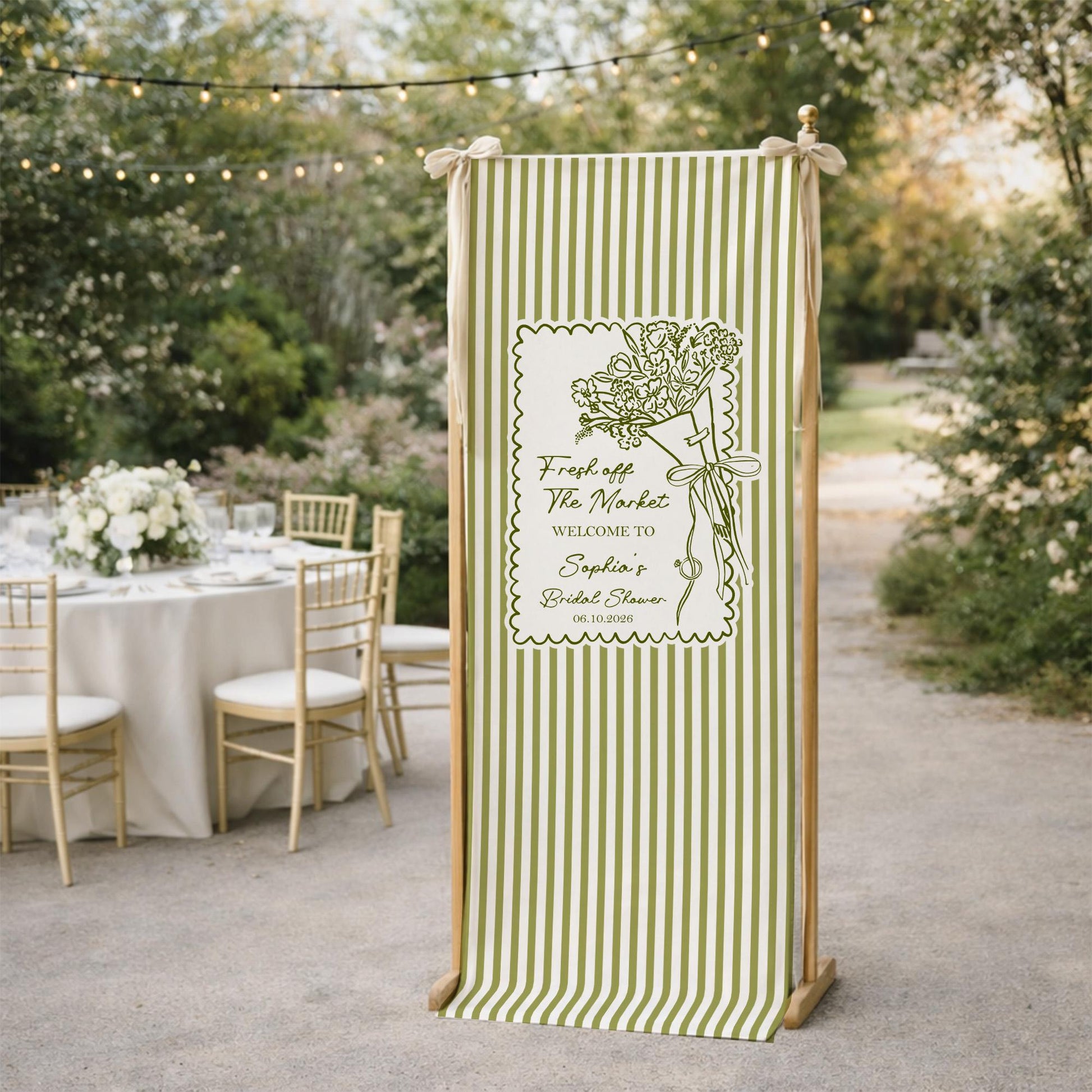 Bridal Shower Welcome Sign Template, Green Stripe Floral Bridal Shower Sign, Fresh Off The Market Theme, Editable Wedding Shower Decor