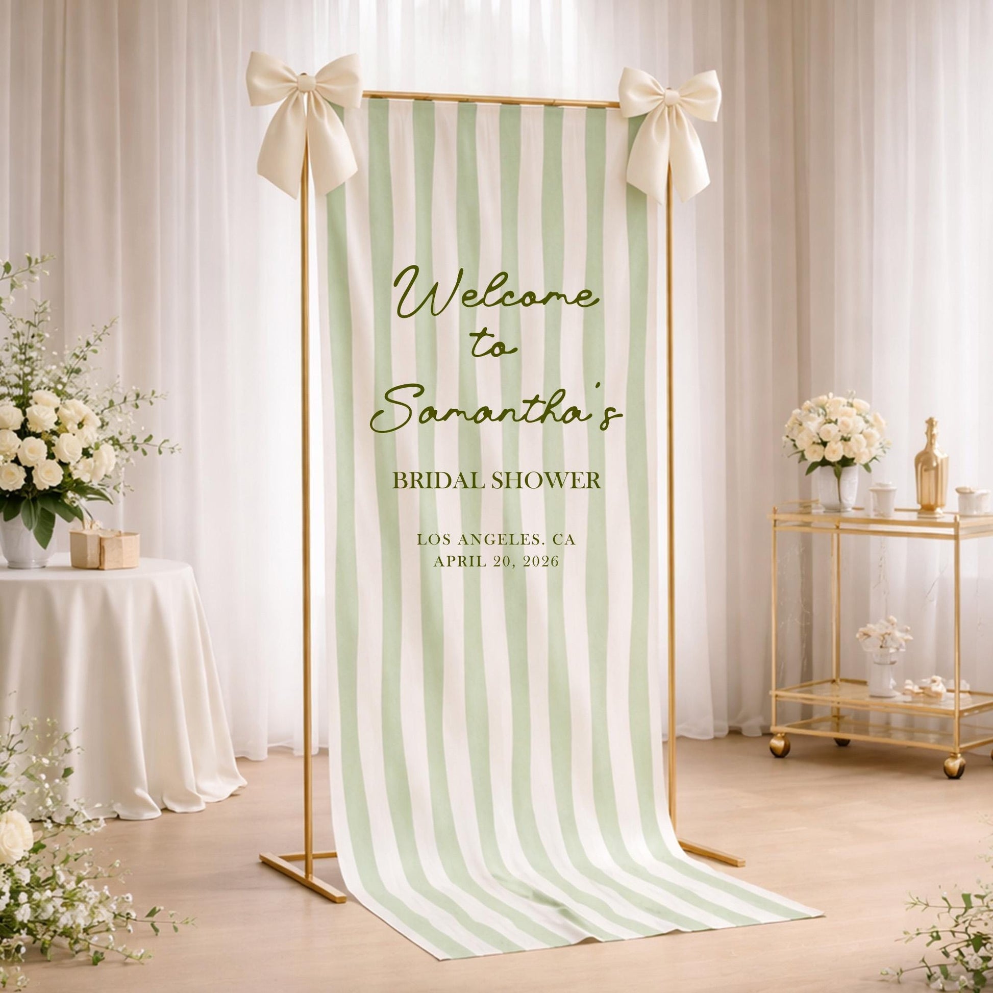 Bridal Shower Welcome Sign Green Stripe Banner, Custom Name Bridal Shower Sign, Garden Party Wedding Shower Decor, Elegant Bride to Be Sign