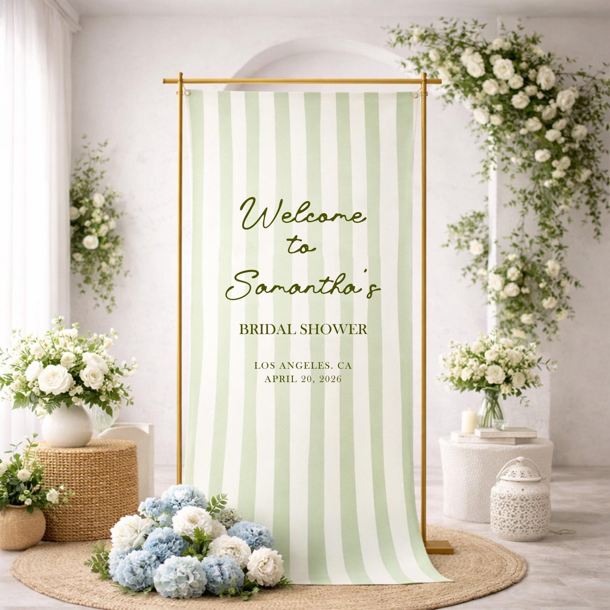 Bridal Shower Welcome Sign Green Stripe Banner, Custom Name Bridal Shower Sign, Garden Party Wedding Shower Decor, Elegant Bride to Be Sign