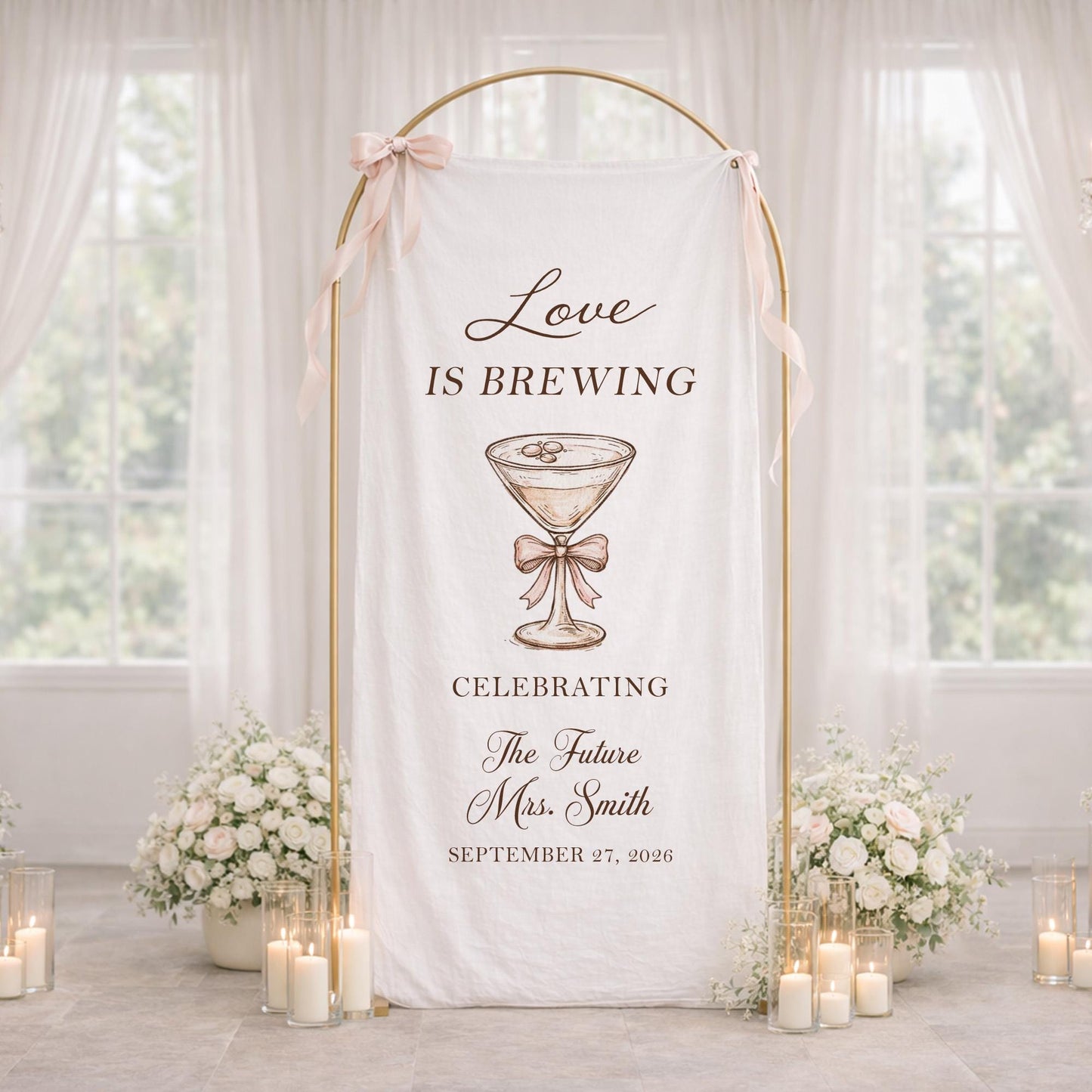 Love Is Brewing Bridal Shower Banner, Bridal Shower Welcome Sign, Cocktail Bridal Shower Decor, Custom Name Bride To Be Party Sign