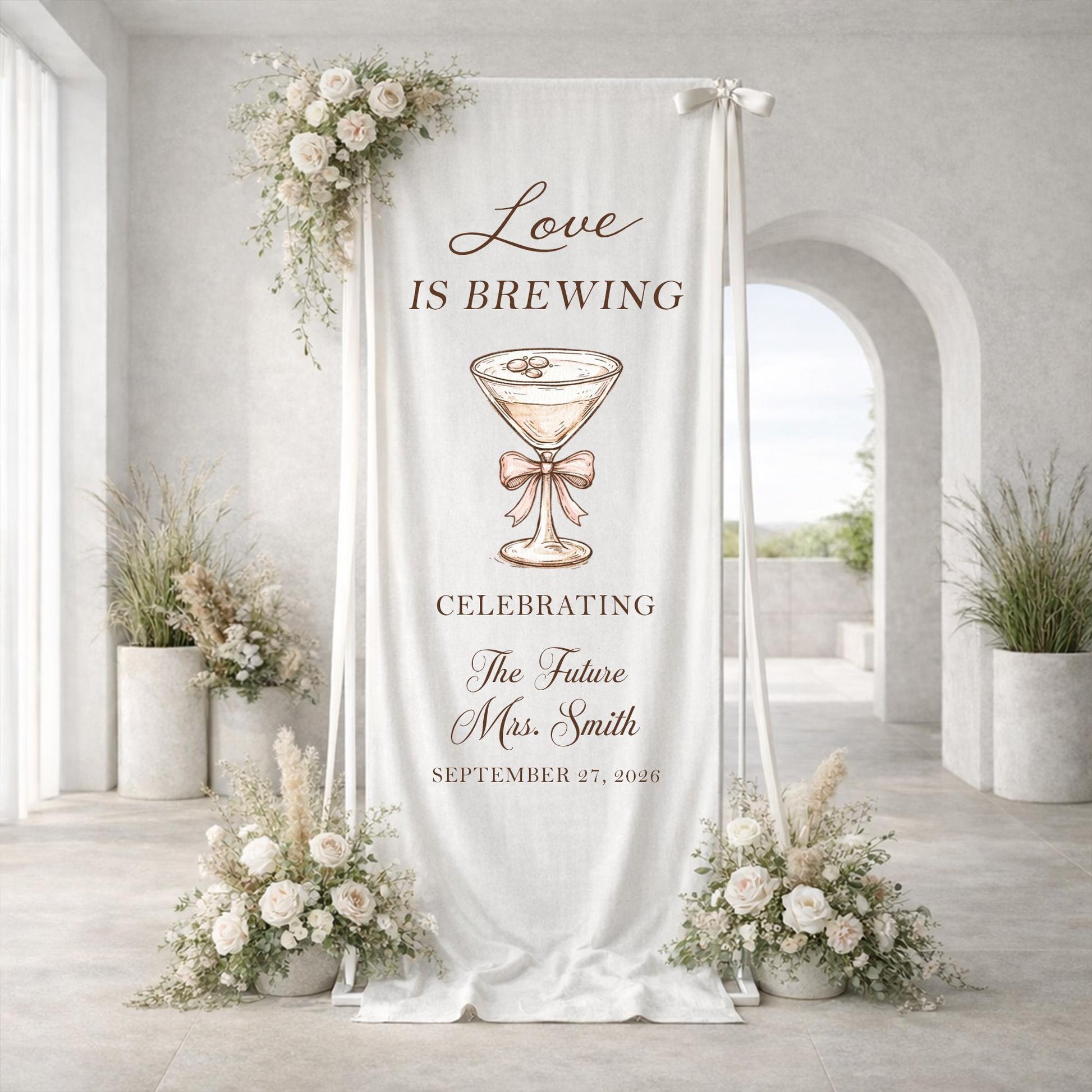 Love Is Brewing Bridal Shower Banner, Bridal Shower Welcome Sign, Cocktail Bridal Shower Decor, Custom Name Bride To Be Party Sign