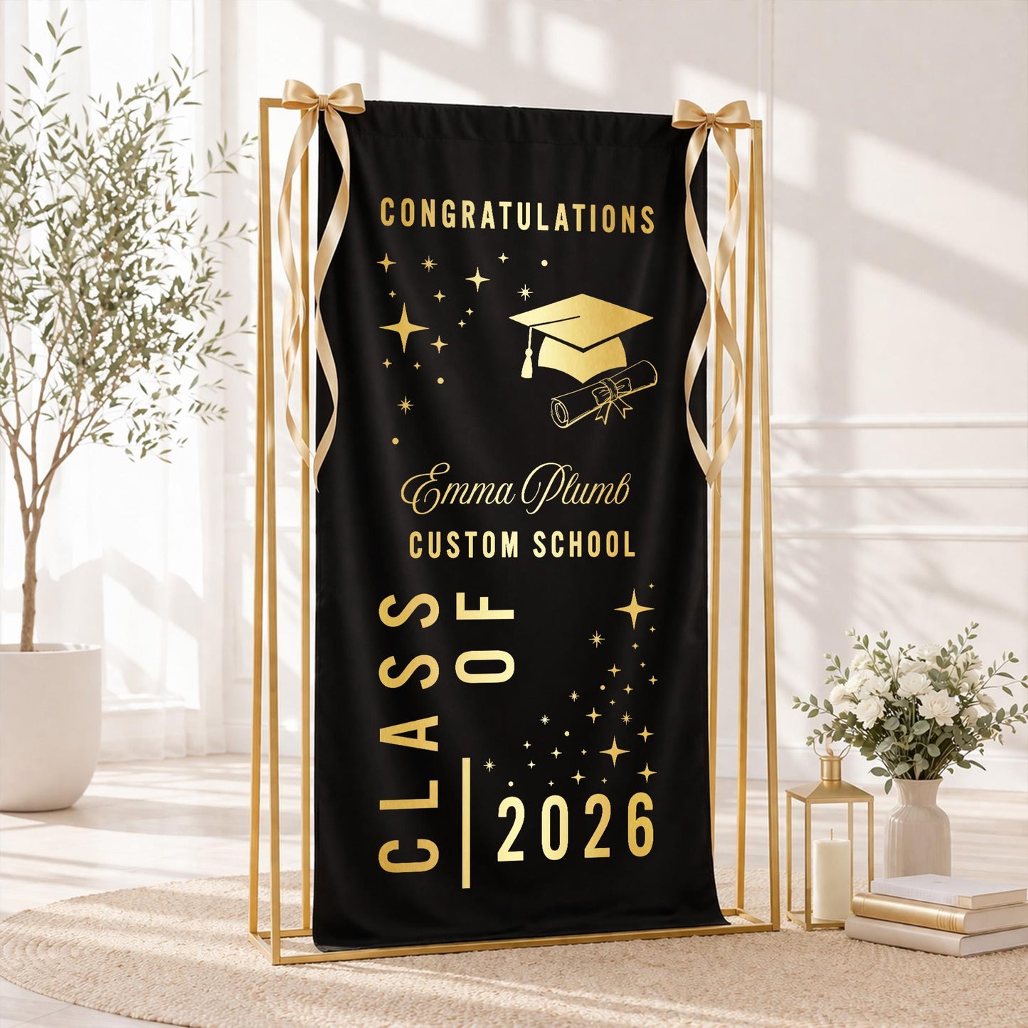 Graduation Tapestry Class of 2026 Banner Personalized Name Black Gold Graduation Party Decor Senior Photo Backdrop Custom School Gift