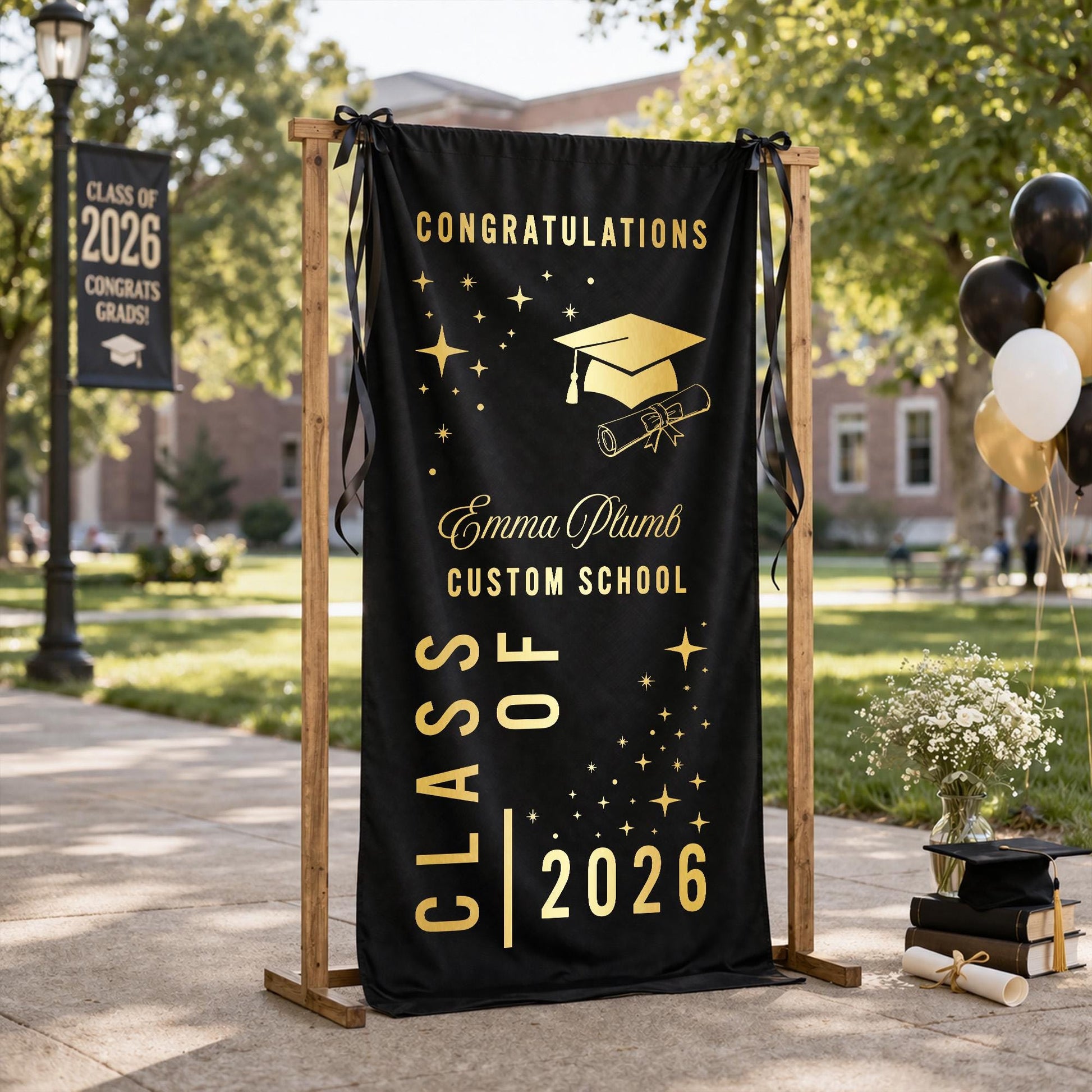 Graduation Tapestry Class of 2026 Banner Personalized Name Black Gold Graduation Party Decor Senior Photo Backdrop Custom School Gift