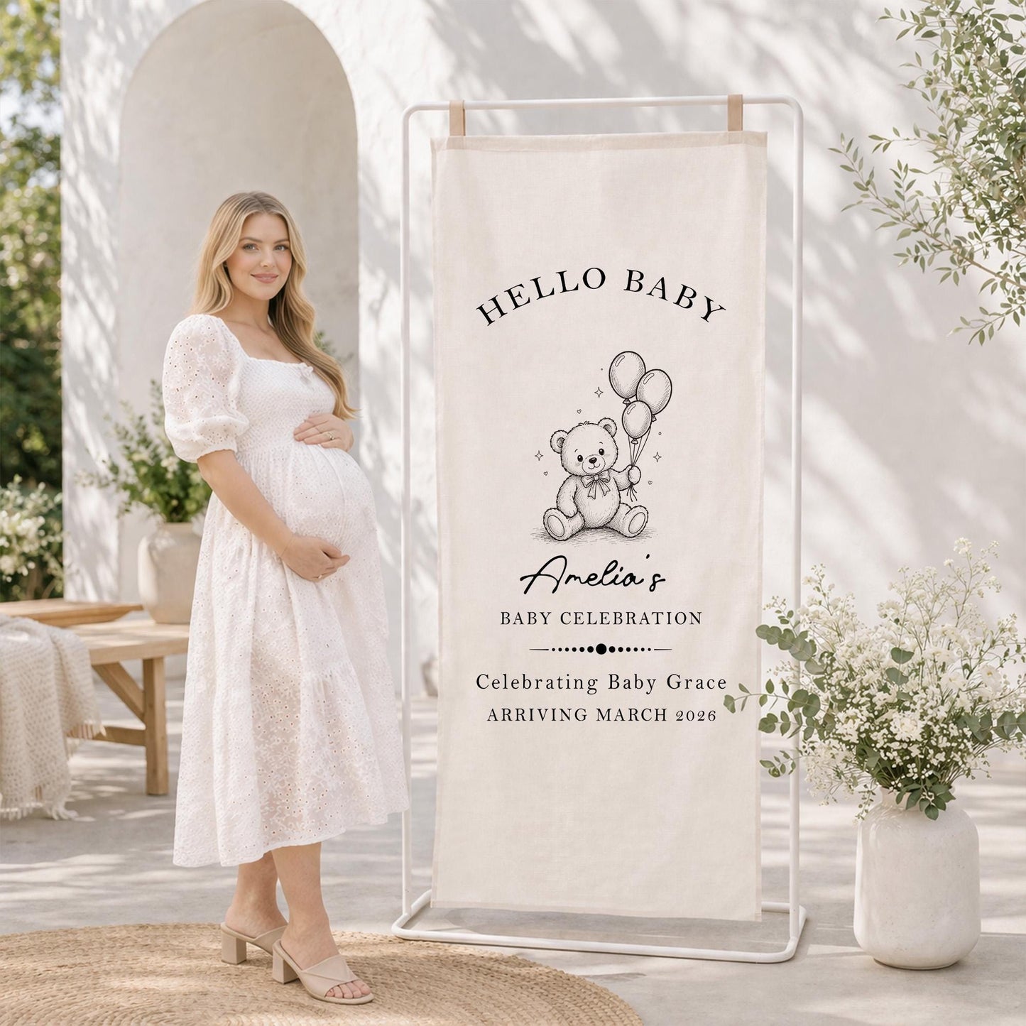 Baby Shower Welcome Sign Tapestry, Hello Baby Banner, Personalized Baby Shower Decor, Teddy Bear Baby Party Backdrop Neutral Nursery Decor