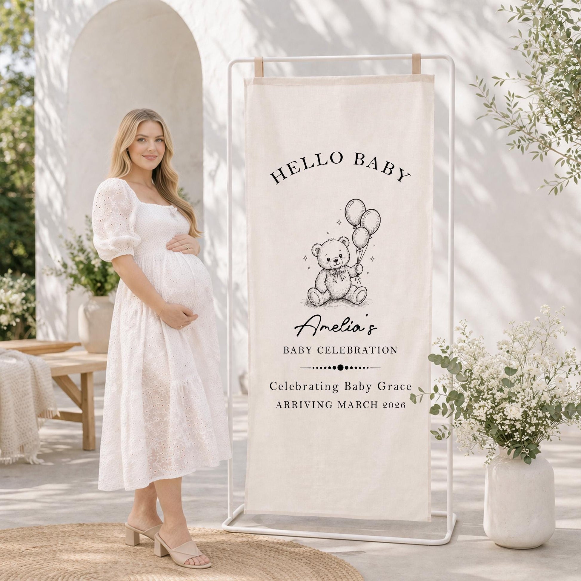 Baby Shower Welcome Sign Tapestry, Hello Baby Banner, Personalized Baby Shower Decor, Teddy Bear Baby Party Backdrop Neutral Nursery Decor