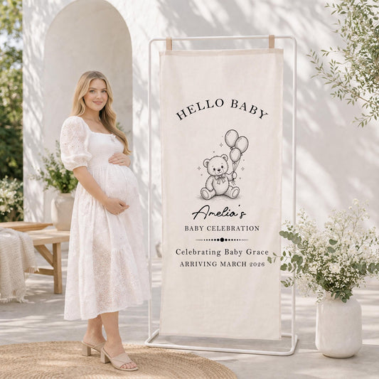 Baby Shower Welcome Sign Tapestry, Hello Baby Banner, Personalized Baby Shower Decor, Teddy Bear Baby Party Backdrop Neutral Nursery Decor