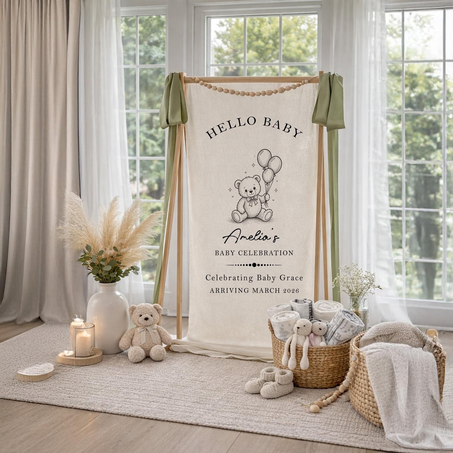 Baby Shower Welcome Sign Tapestry, Hello Baby Banner, Personalized Baby Shower Decor, Teddy Bear Baby Party Backdrop Neutral Nursery Decor