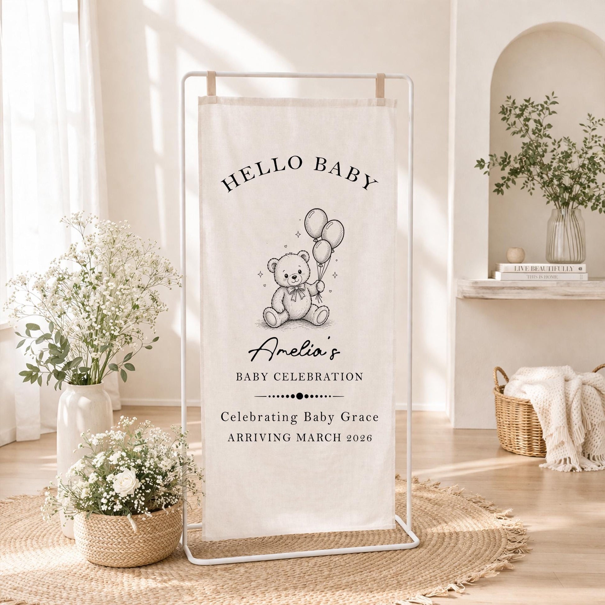 Baby Shower Welcome Sign Tapestry, Hello Baby Banner, Personalized Baby Shower Decor, Teddy Bear Baby Party Backdrop Neutral Nursery Decor