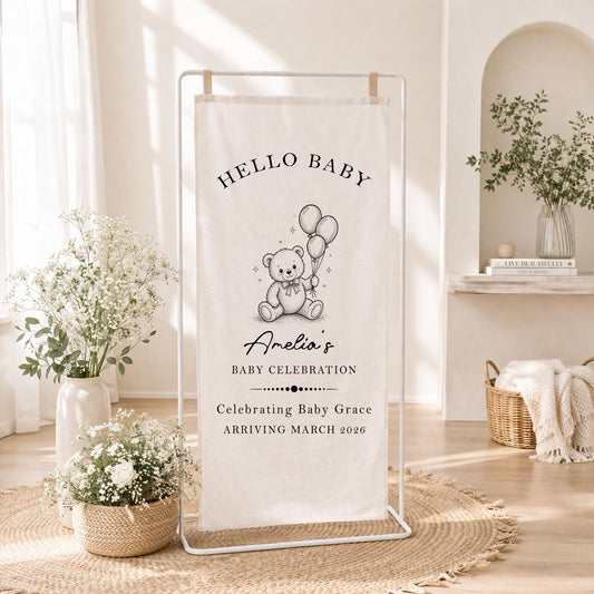 Baby Shower Welcome Sign Tapestry, Hello Baby Banner, Personalized Baby Shower Decor, Teddy Bear Baby Party Backdrop Neutral Nursery Decor