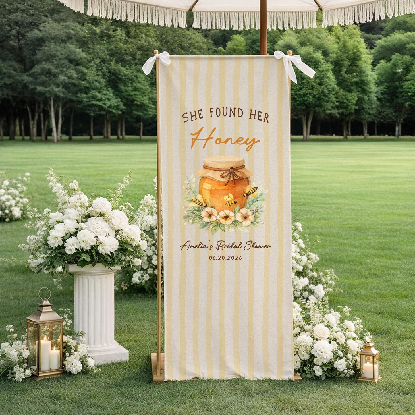 Bridal Shower Welcome Sign She Found Her Honey Banner, Custom Name Date Fabric Backdrop, Boho Bridal Shower Decor, Wedding Party Sign