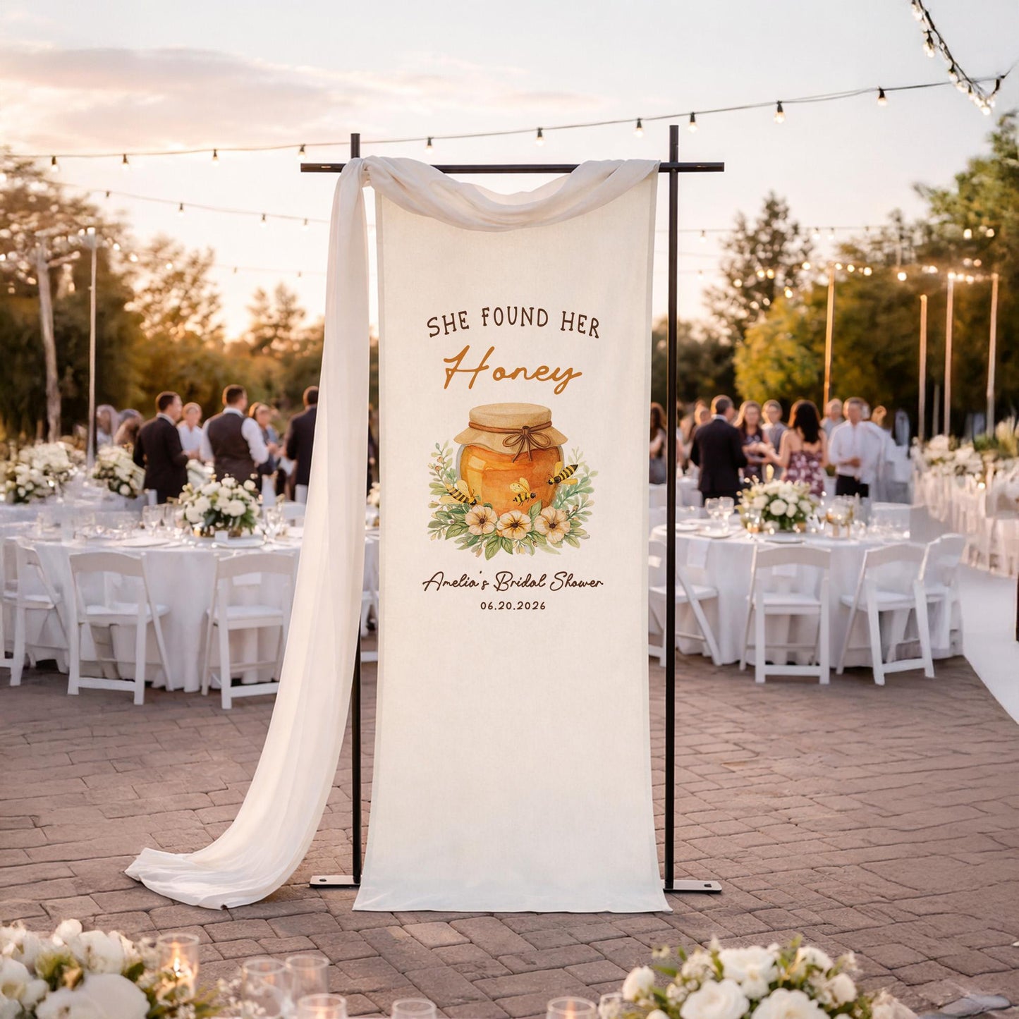 Bridal Shower Welcome Sign She Found Her Honey Banner, Custom Name Date Fabric Backdrop, Boho Bridal Shower Decor, Wedding Party Sign