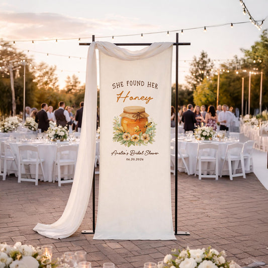 Bridal Shower Welcome Sign She Found Her Honey Banner, Custom Name Date Fabric Backdrop, Boho Bridal Shower Decor, Wedding Party Sign