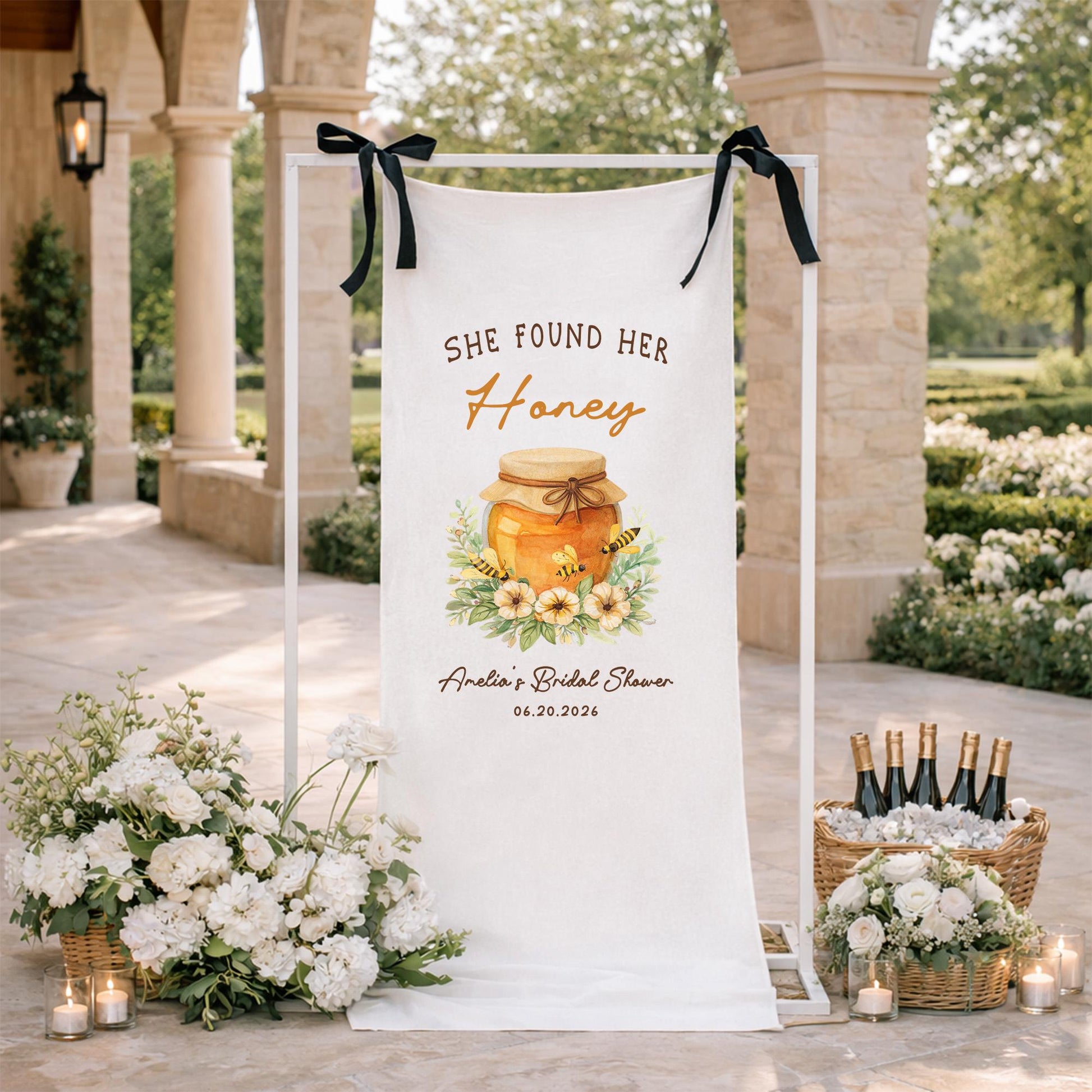 Bridal Shower Welcome Sign She Found Her Honey Banner, Custom Name Date Fabric Backdrop, Boho Bridal Shower Decor, Wedding Party Sign