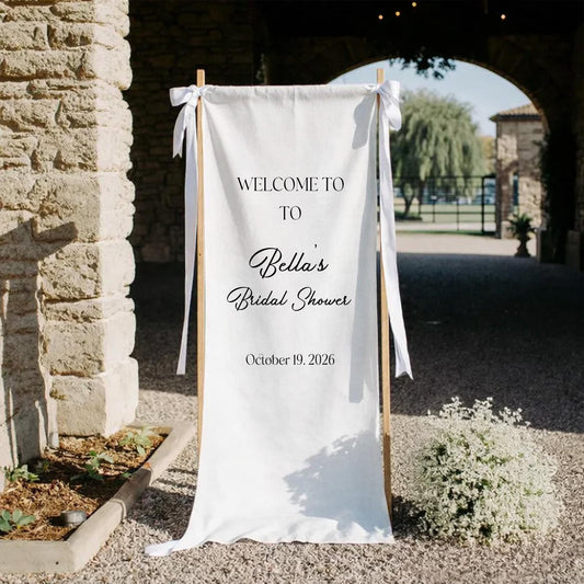 Bridal Shower Welcome Sign Personalized Fabric Banner, Custom Name Date Wedding Welcome Sign, Minimalist Bridal Shower Decor Backdrop
