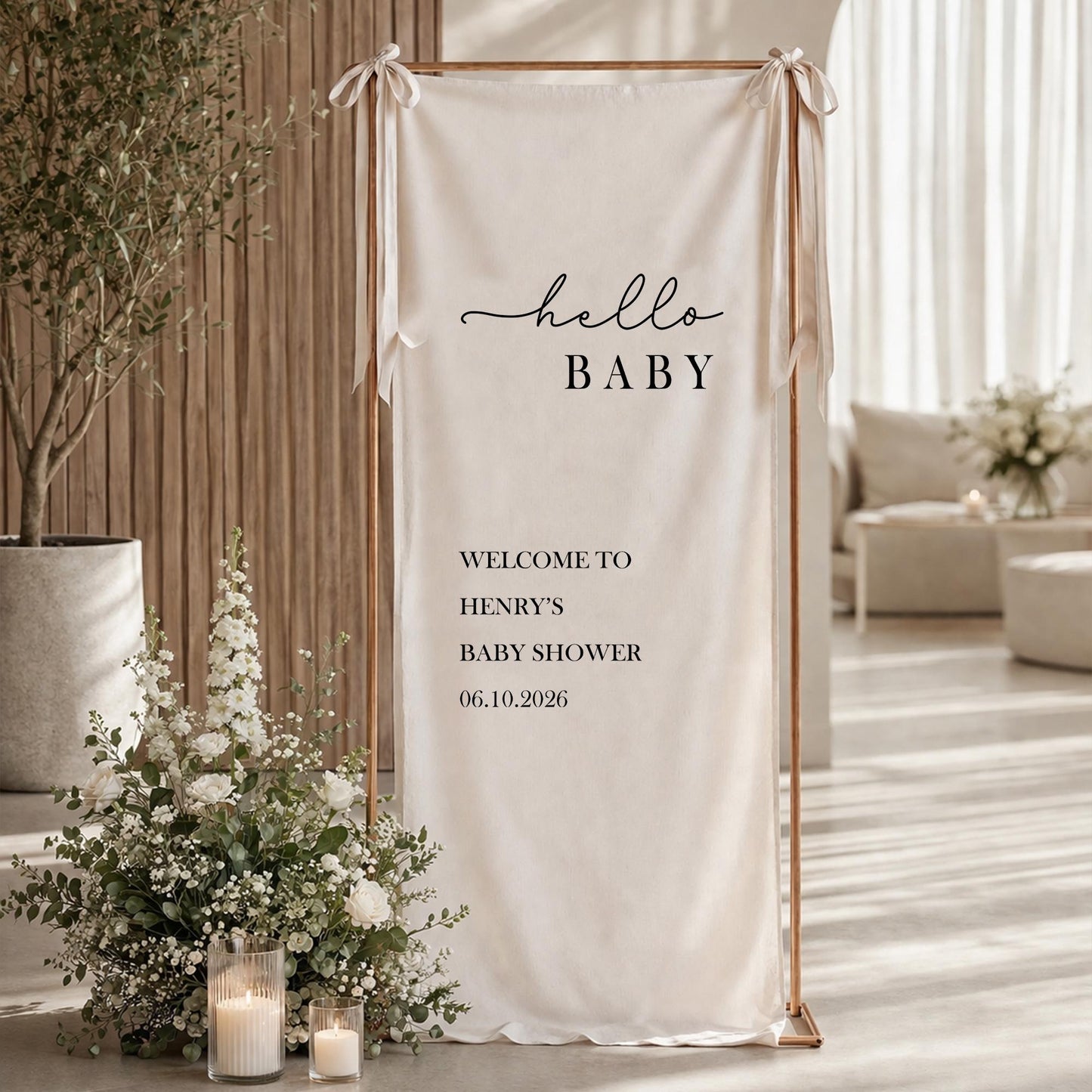 Personalized Baby Shower Welcome Sign, Hello Baby Banner, Custom Baby Shower Backdrop, Neutral Boho Baby Shower Decor Sign