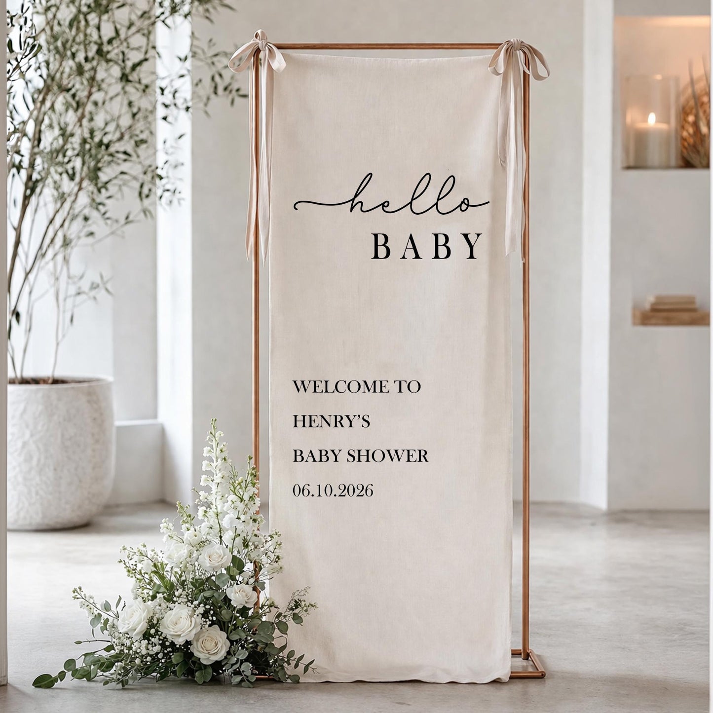 Personalized Baby Shower Welcome Sign, Hello Baby Banner, Custom Baby Shower Backdrop, Neutral Boho Baby Shower Decor Sign