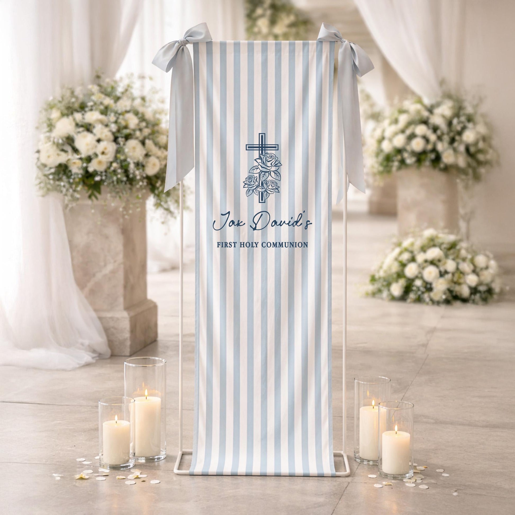 Personalized First Holy Communion Banner, Linen Fabric Sign, Custom Name Christening Baptism Decor, Blue Striped Church Welcome Sign