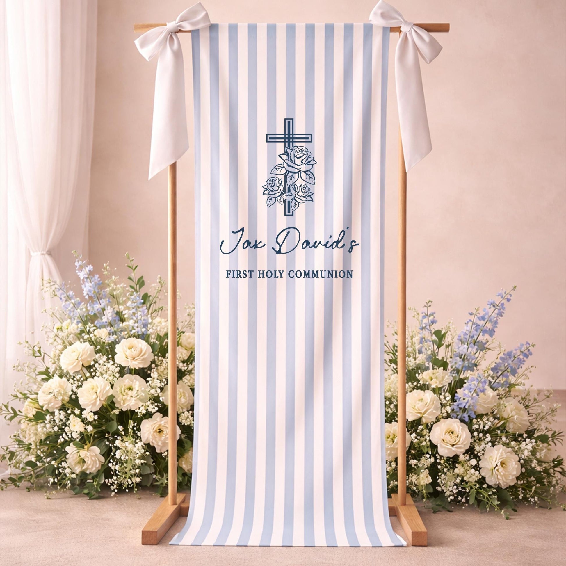 Personalized First Holy Communion Banner, Linen Fabric Sign, Custom Name Christening Baptism Decor, Blue Striped Church Welcome Sign