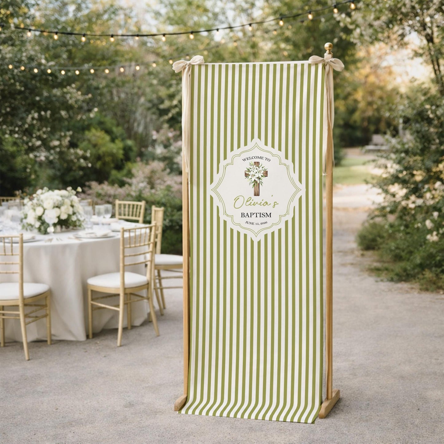 Personalized Baptism Banner, Linen Fabric Welcome Sign, Custom Name Christening Decor, Girl Baptism Sign, Green Striped Church Welcome Sign