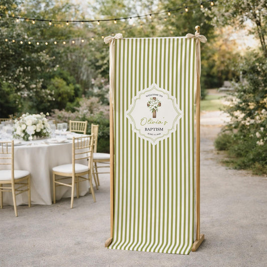 Personalized Baptism Banner, Linen Fabric Welcome Sign, Custom Name Christening Decor, Girl Baptism Sign, Green Striped Church Welcome Sign
