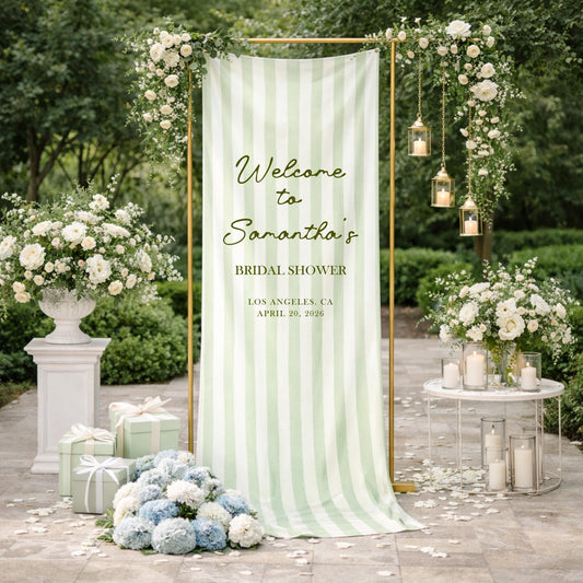 Bridal Shower Welcome Sign Green Stripe Banner, Custom Name Bridal Shower Sign, Garden Party Wedding Shower Decor, Elegant Bride to Be Sign
