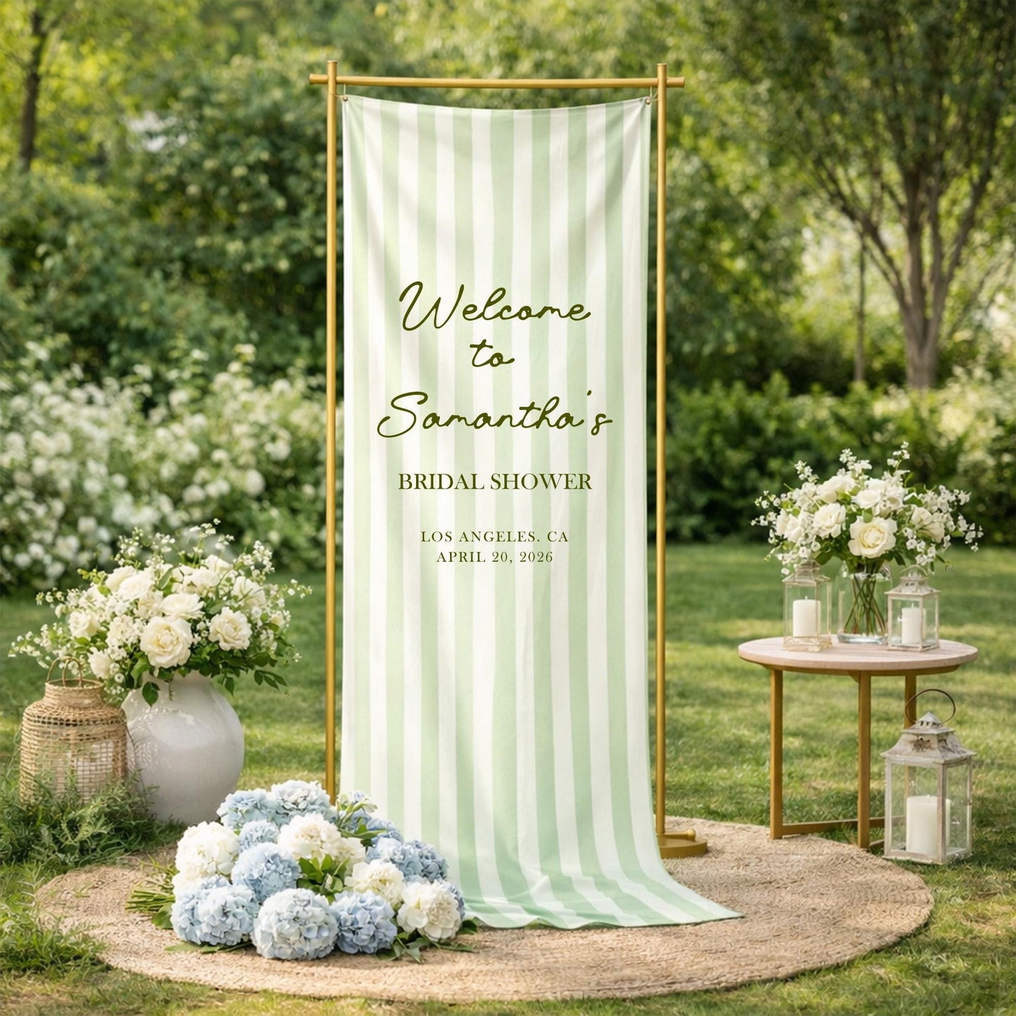 Bridal Shower Welcome Sign Green Stripe Banner, Custom Name Bridal Shower Sign, Garden Party Wedding Shower Decor, Elegant Bride to Be Sign