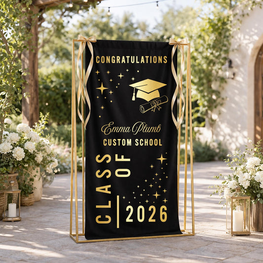 Graduation Tapestry Class of 2026 Banner Personalized Name Black Gold Graduation Party Decor Senior Photo Backdrop Custom School Gift