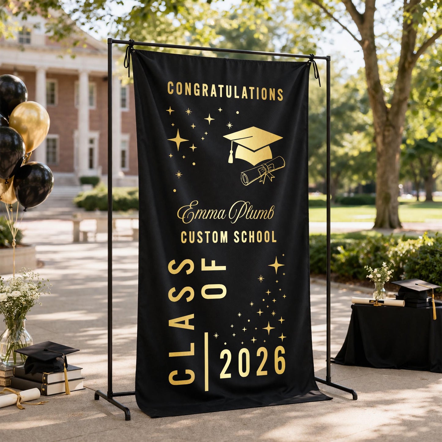 Graduation Tapestry Class of 2026 Banner Personalized Name Black Gold Graduation Party Decor Senior Photo Backdrop Custom School Gift