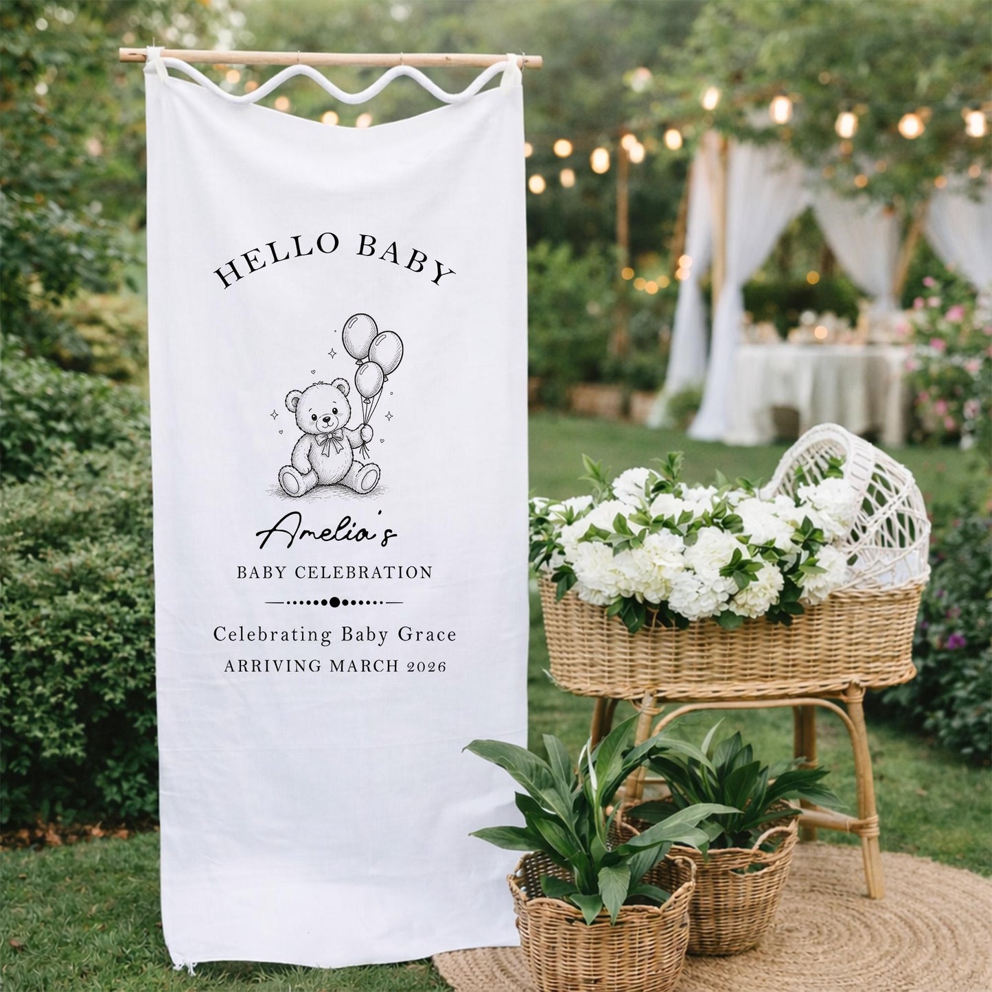 Baby Shower Welcome Sign Tapestry, Hello Baby Banner, Personalized Baby Shower Decor, Teddy Bear Baby Party Backdrop Neutral Nursery Decor